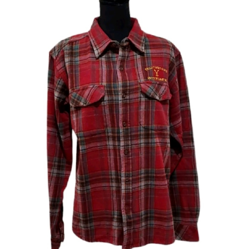 Yellowstone Dutton Ranch Mens Button Up Flannel Shirt, Size Med, Red/Teal